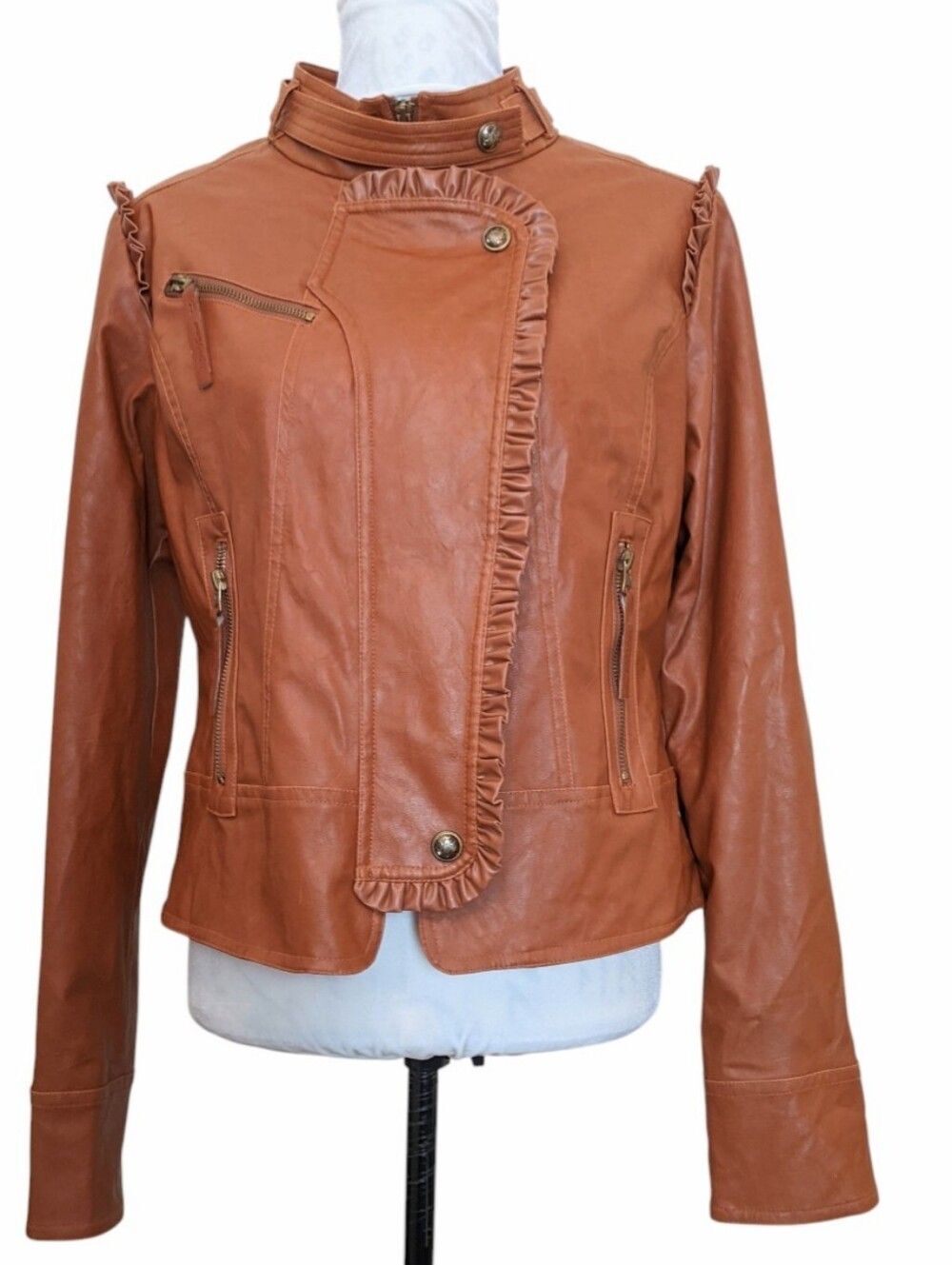Apple Bottoms Vegan Leather Jacket Camel Tan Ruffle Moto Western Size Large